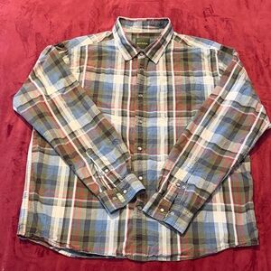 Prana Men's Blue and Green Plaid Button Down Shirt